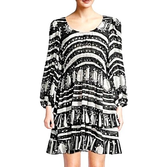 Cynthia Rowley Sicily Silk Wrap Dress Black White Smocked Waist Cap Sleeve Size - Picture 12 of 13